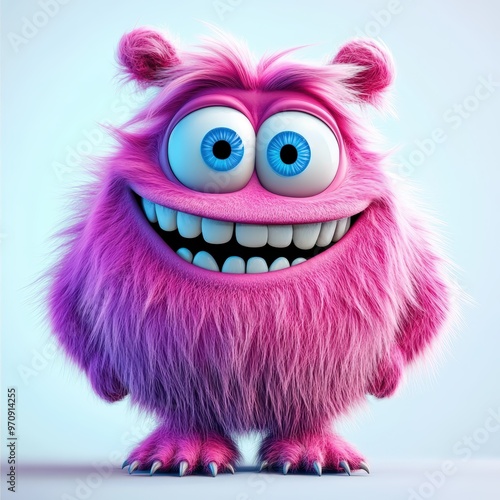 Cute and furry pink monster with good character, Big eyes and smile. studio render quality. Cartoon style. 