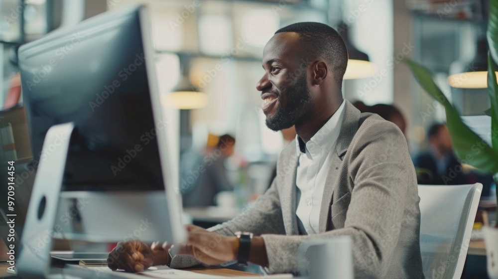 A young man in formal attire at an office desk smiles at a computer screen. Other people around are busy working, creating a dynamic office environment. A young man in formal attire at an office desk smiles at a computer screen. Other people around are busy working, creating a dynamic office environment.