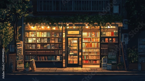 Lofi Book Shop and Cafe at Night - Anime Manga Style Cozy Chill Relax Interior Wallpaper Background
