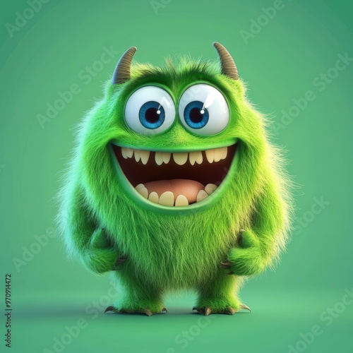 Cute and furry green monster with good character, Big eyes and smile. studio render quality. Cartoon style. 