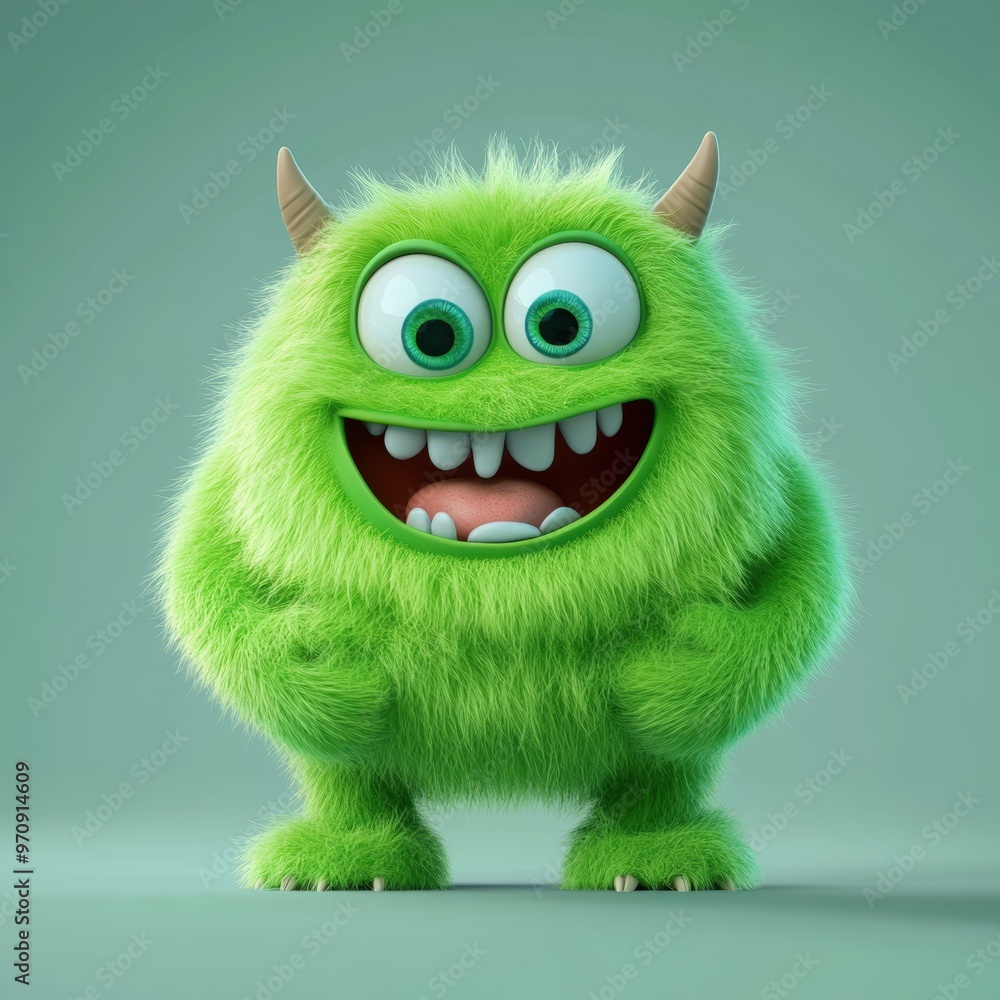 Cute and furry green monster with good character, Big eyes and smile. studio render quality. Cartoon style.
Cute and furry green monster with good character, Big eyes and smile. studio render quality. Cartoon style.
