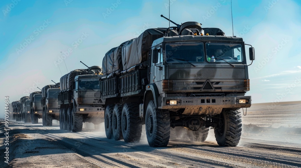A dusty convoy of khaki military trucks crosses a barren desert landscape under a colorful sky, symbolizing coordinated movement in a harsh setting. A dusty convoy of khaki military trucks crosses a barren desert landscape under a colorful sky, symbolizing coordinated movement in a harsh setting.