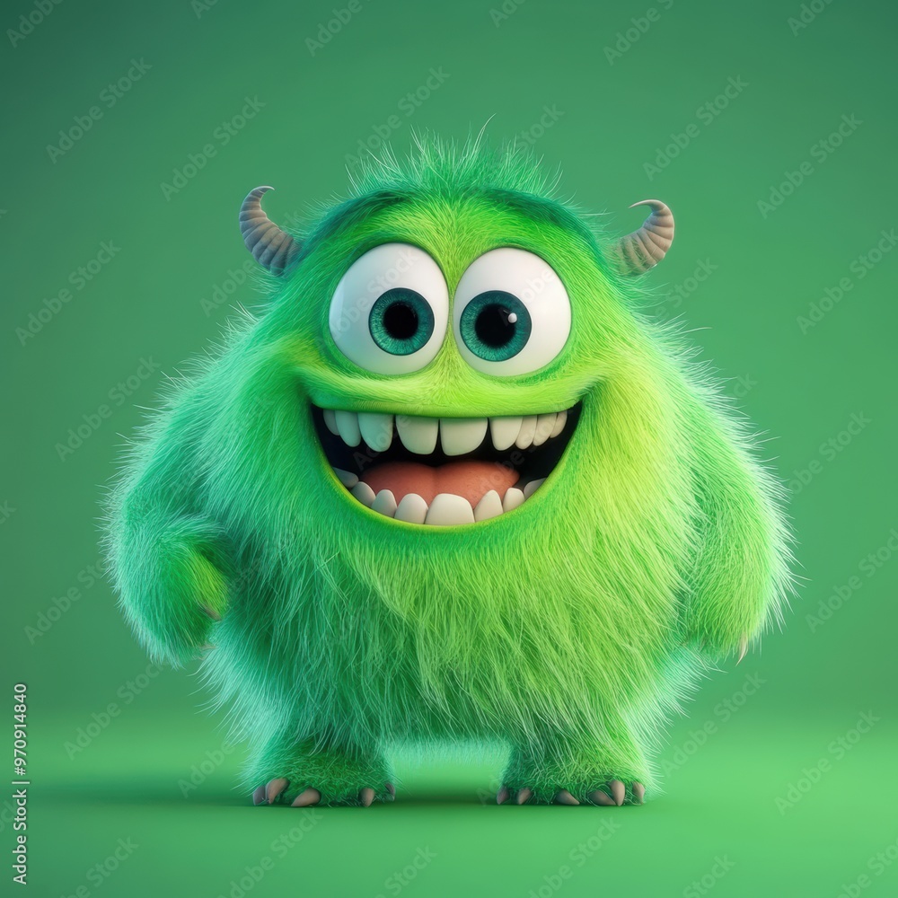 Obraz premium Cute and furry blue monster with good character, Big eyes and smile. studio render quality. Cartoon style. 