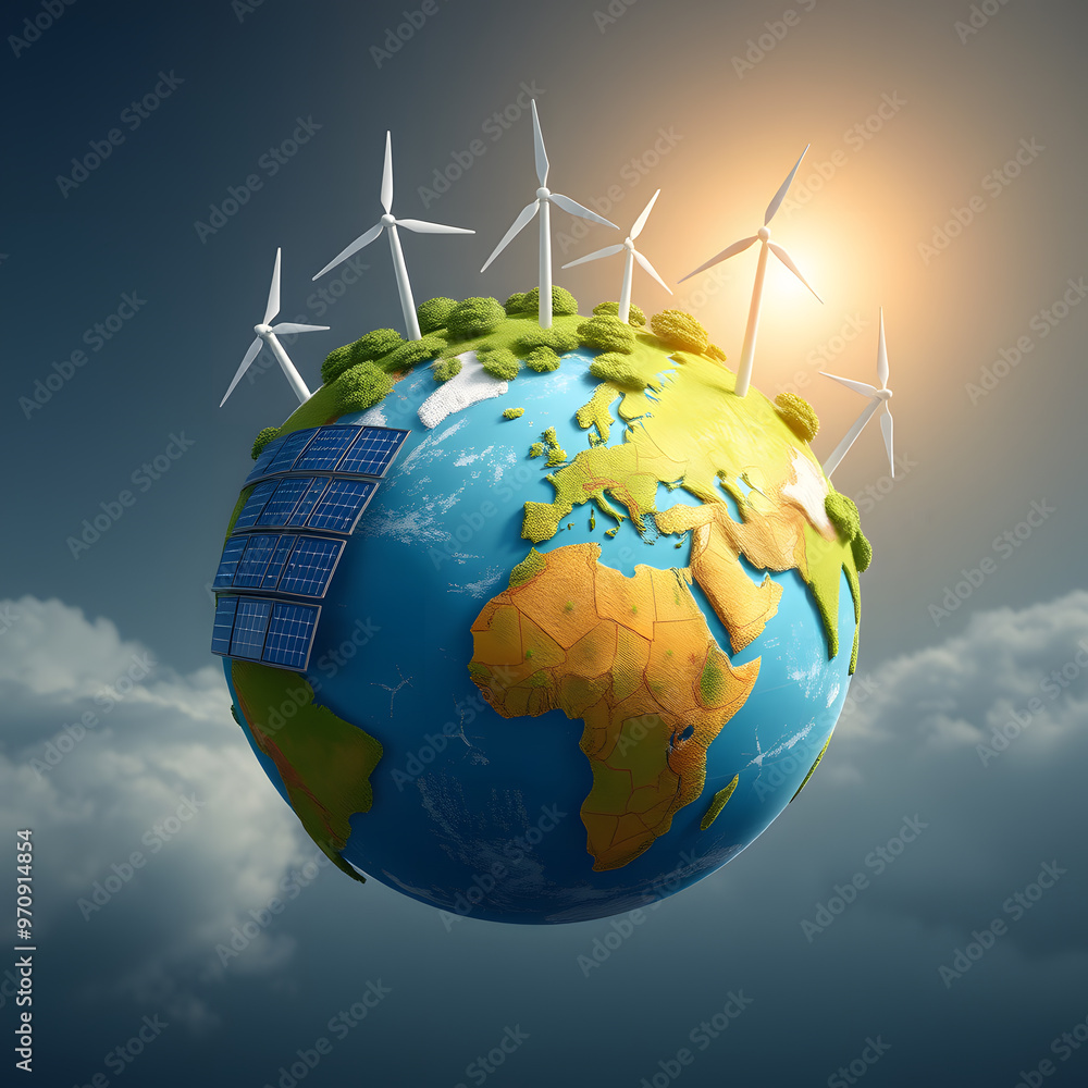 Cartoon Earth with Wind Turbines and Solar Panels Cartoon Earth with Wind Turbines and Solar Panels