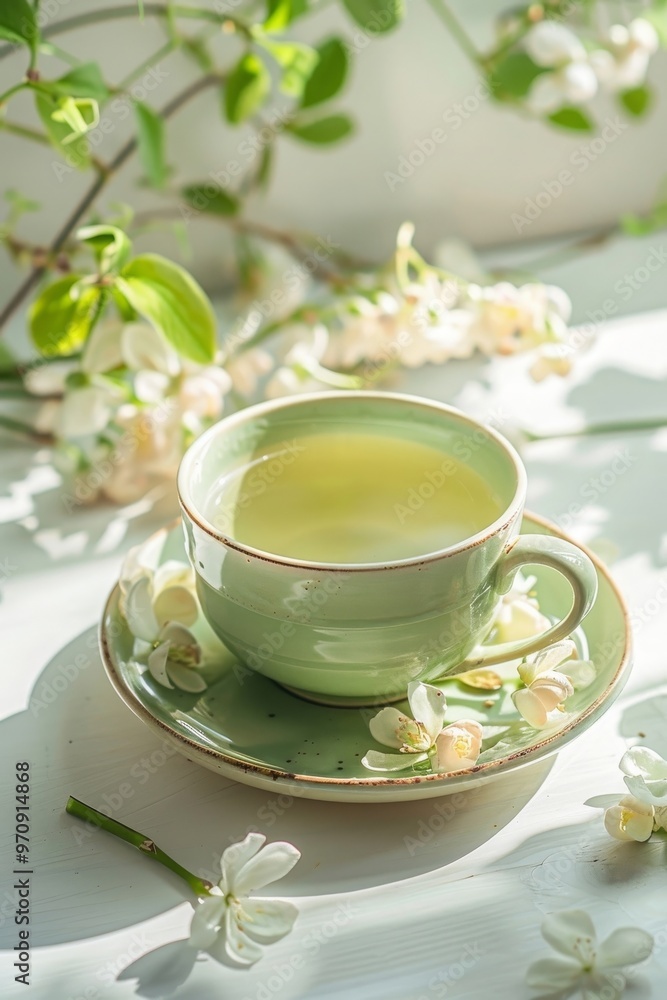 Moringa Flower Tea in Serene Morning Light on white table. A cup of soothing moringa flower tea surrounded by delicate blossoms in soft sunlight Moringa Flower Tea in Serene Morning Light on white table. A cup of soothing moringa flower tea surrounded by delicate blossoms in soft sunlight