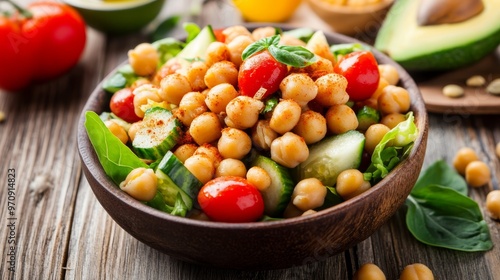 Table with mediterranean chickpea salad. Chickpea and paprika baked beans lettuce tomatoes avocado cucumber lemon and olive oil dressing. Healthy high protein vegan meal.