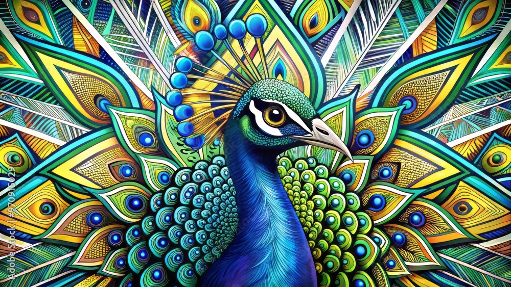 Fototapeta premium Brightly colored peacock with bold black lines, stylized feathers, and vibrant blue and green hue, surrounded by geometric patterns and pop art typography.