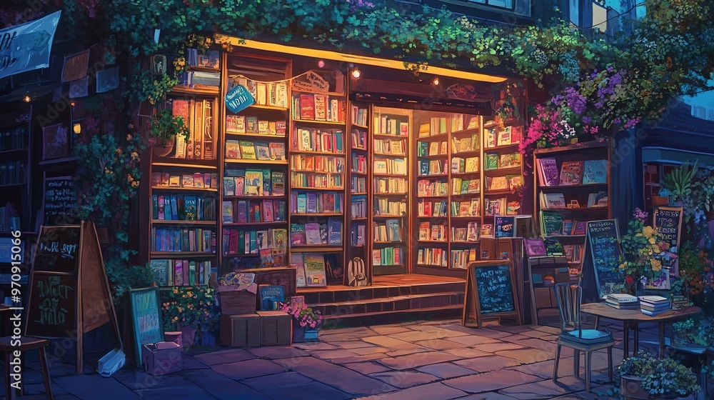 Obraz premium Lofi Book Shop and Cafe at Night - Anime Manga Style Cozy Chill Relax Interior Wallpaper Background 