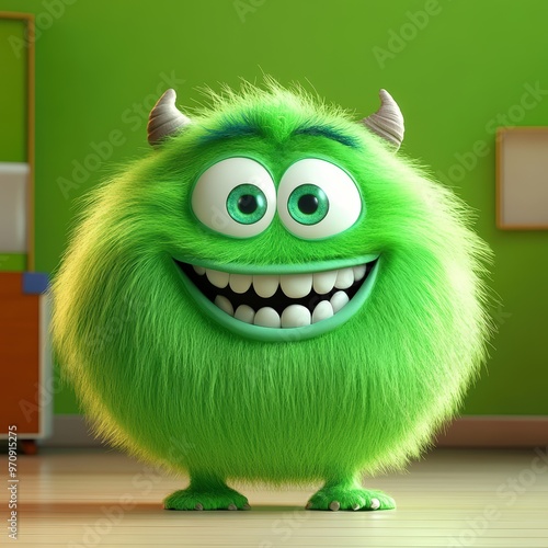 Cute and furry blue monster with good character, Big eyes and smile. studio render quality. Cartoon style. 