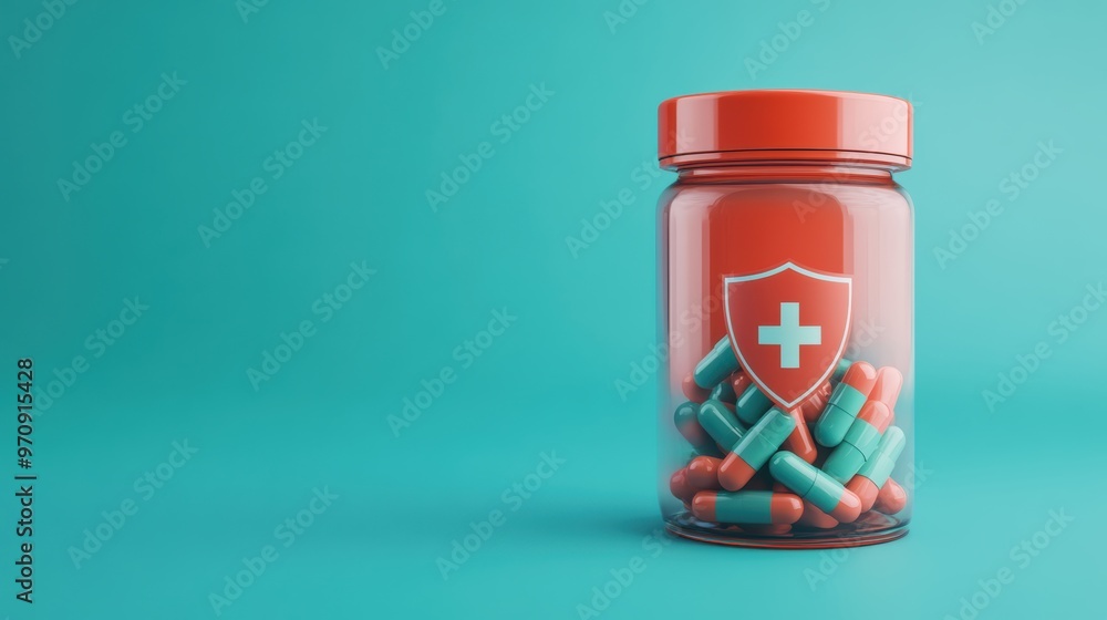 A dietary supplement jar filled with capsules, featuring a shield icon symbolizing immune system protection and energy boost, set against a clean, vibrant background.