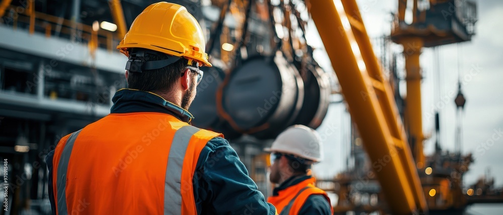 Oil rig workers in safety gear supervising a crane operation on an offshore platform. The workers wear hard hats and reflective vests, ensuring safe crane operations in the oil industry. Oil rig workers in safety gear supervising a crane operation on an offshore platform. The workers wear hard hats and reflective vests, ensuring safe crane operations in the oil industry.