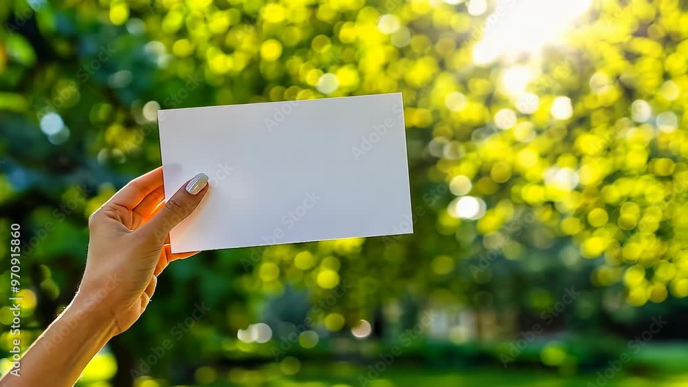 A person's hand holds a blank white envelope in a sunlit park. The hand appears to belong to a young adult with light skin. The background is lush, with vibrant green foliage and trees, suggesting A person's hand holds a blank white envelope in a sunlit park. The hand appears to belong to a young adult with light skin. The background is lush, with vibrant green foliage and trees, suggesting