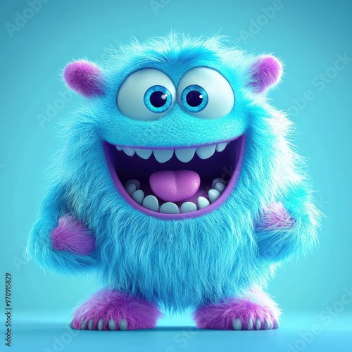 Cute and furry blue monster with good character, Big eyes and smile. studio render quality. Cartoon style. 