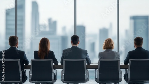 Rear view of a corporate team in a high-rise office boardroom