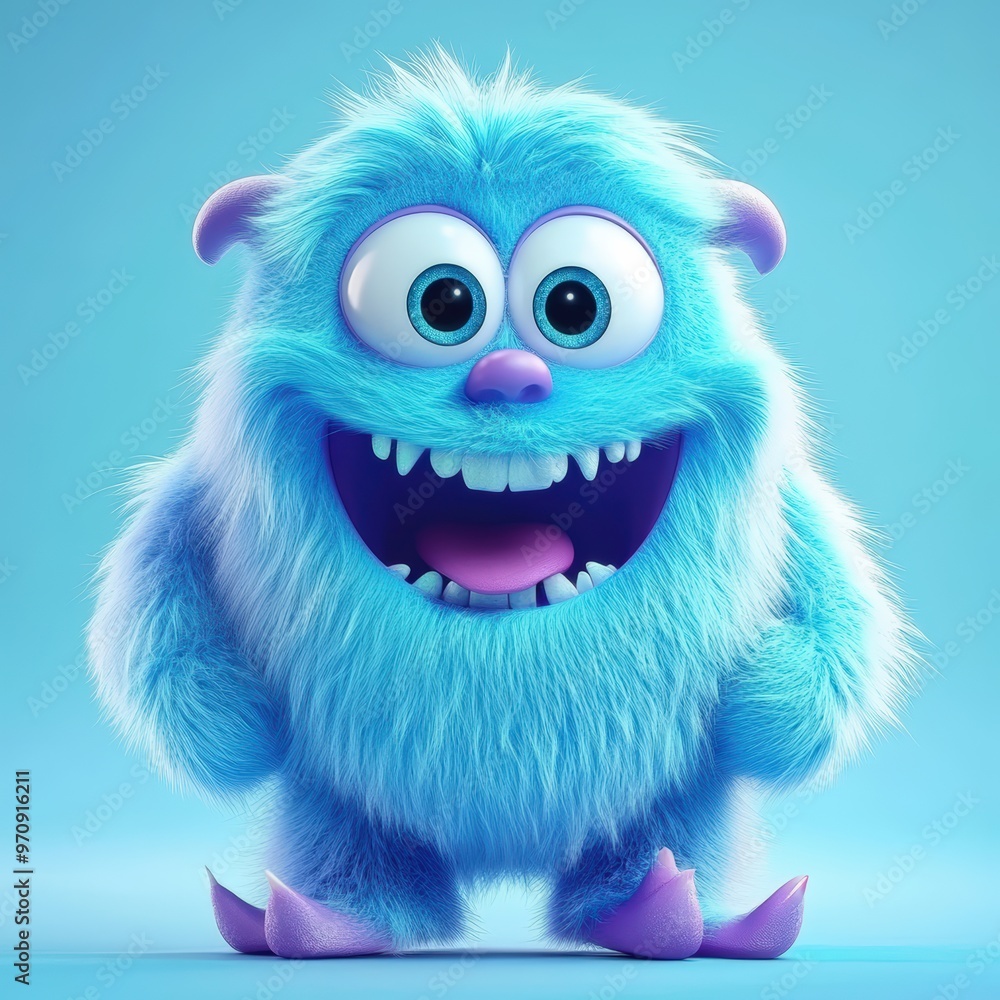 Fototapeta premium Cute and furry blue monster with good character, Big eyes and smile. studio render quality. Cartoon style. 