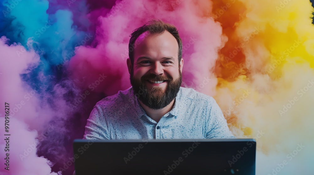 Person working on a laptop, surrounded by vibrant colored smoke, showcasing creativity and inspiration in a vivid, dynamic environment. Person working on a laptop, surrounded by vibrant colored smoke, showcasing creativity and inspiration in a vivid, dynamic environment.