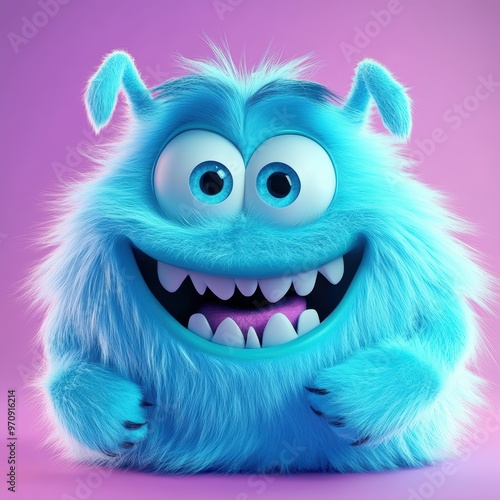 Cute and furry blue monster with good character, Big eyes and smile. studio render quality. Cartoon style.
