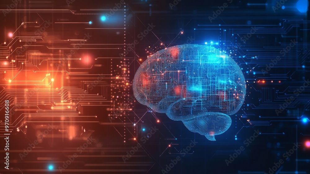 Fototapeta premium Abstract futuristic background with hologram digital brain and circuit board elements.