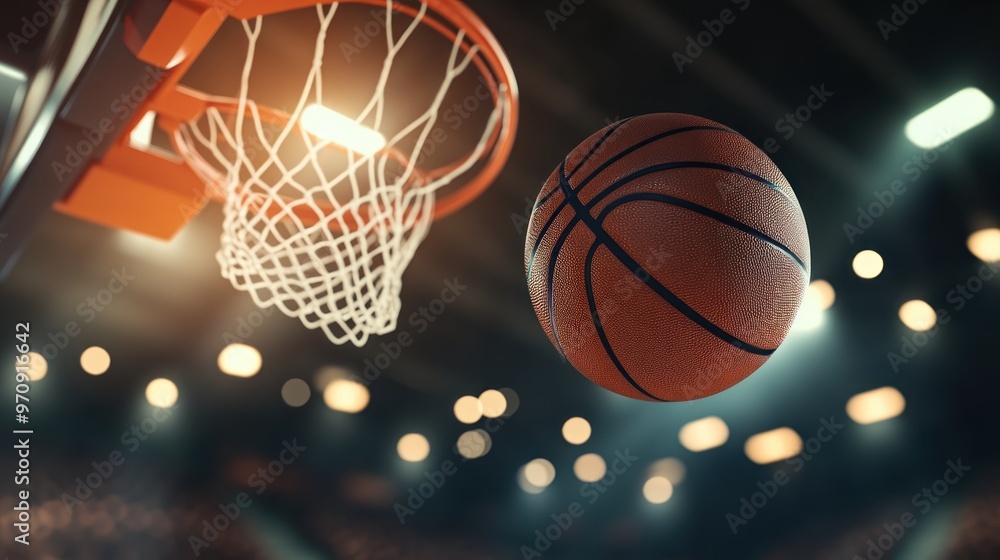 A basketball is about to enter the hoop in a sports arena. A basketball is about to enter the hoop in a sports arena.