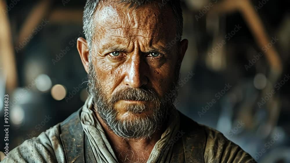 A rugged blacksmith creates intricate metalwork in a historical village setting A rugged blacksmith creates intricate metalwork in a historical village setting
