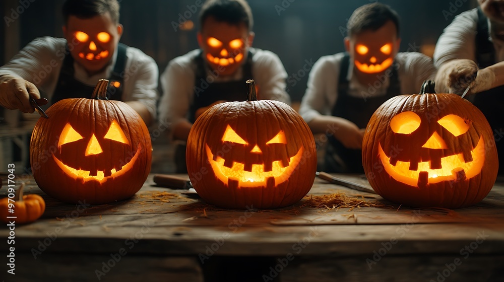 Group carving jack-o'-lanterns for Halloween celebration
Group carving jack-o'-lanterns for Halloween celebration