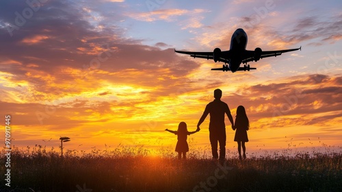 Silhouette of young family and airplane