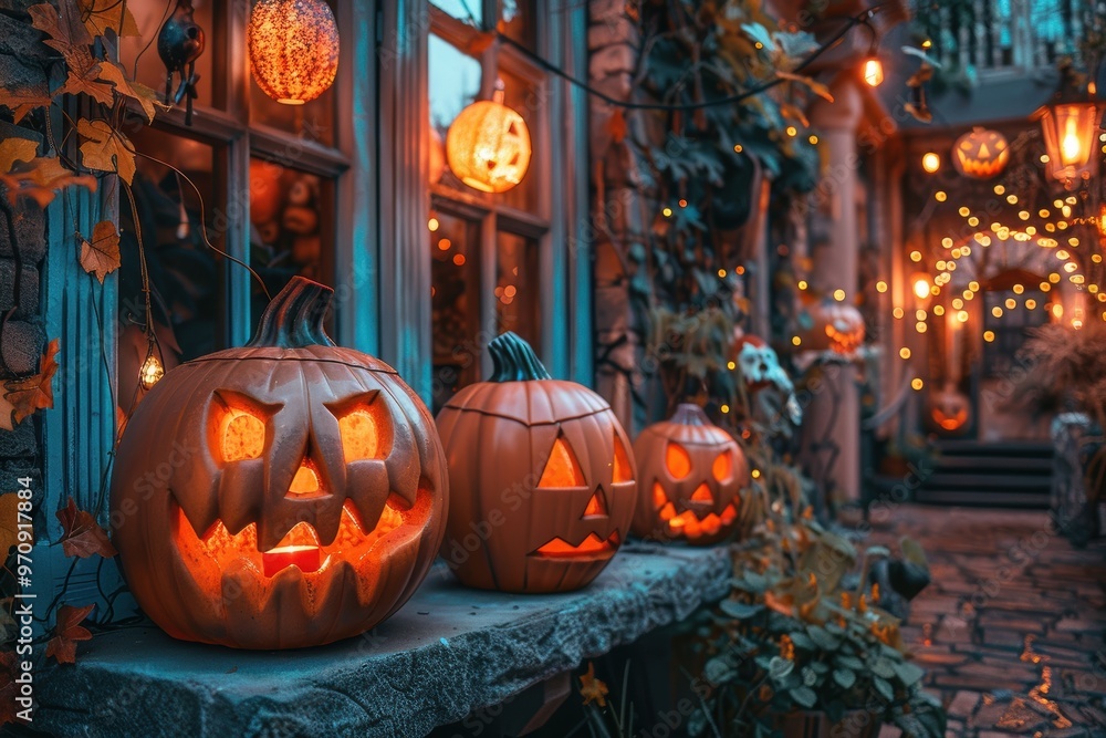 Fototapeta premium Exterior de la casa decorado con calabazas con cara recortada en forma de ojos y boca maléficos. Decoración de Halloween. Recurso gráfico, fondo