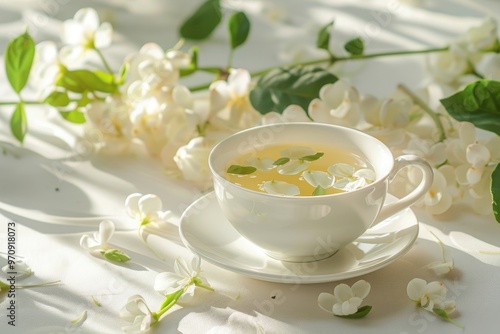 Moringa Flower Tea in Serene Morning Light on white table. A cup of soothing moringa flower tea surrounded by delicate blossoms in soft sunlight