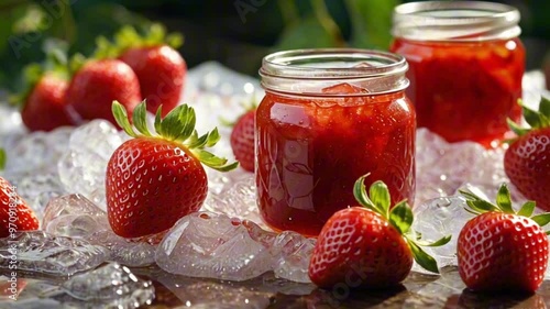 Homemade strawberry preserves or jam in a mason jar surrounded by fresh organic strawberries. Selective focus with blurred foreground and background. photo