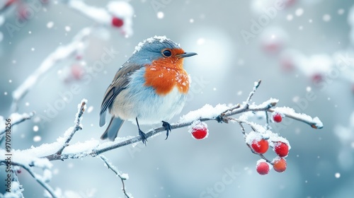 Robin Perched on a Snowy Branch
