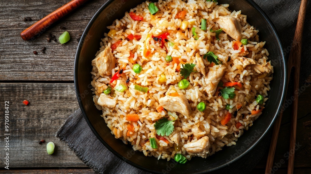 Fried rice with chicken. Prepared and served in a wok. Natural wood in the background. Top view. Fried rice with chicken. Prepared and served in a wok. Natural wood in the background. Top view.