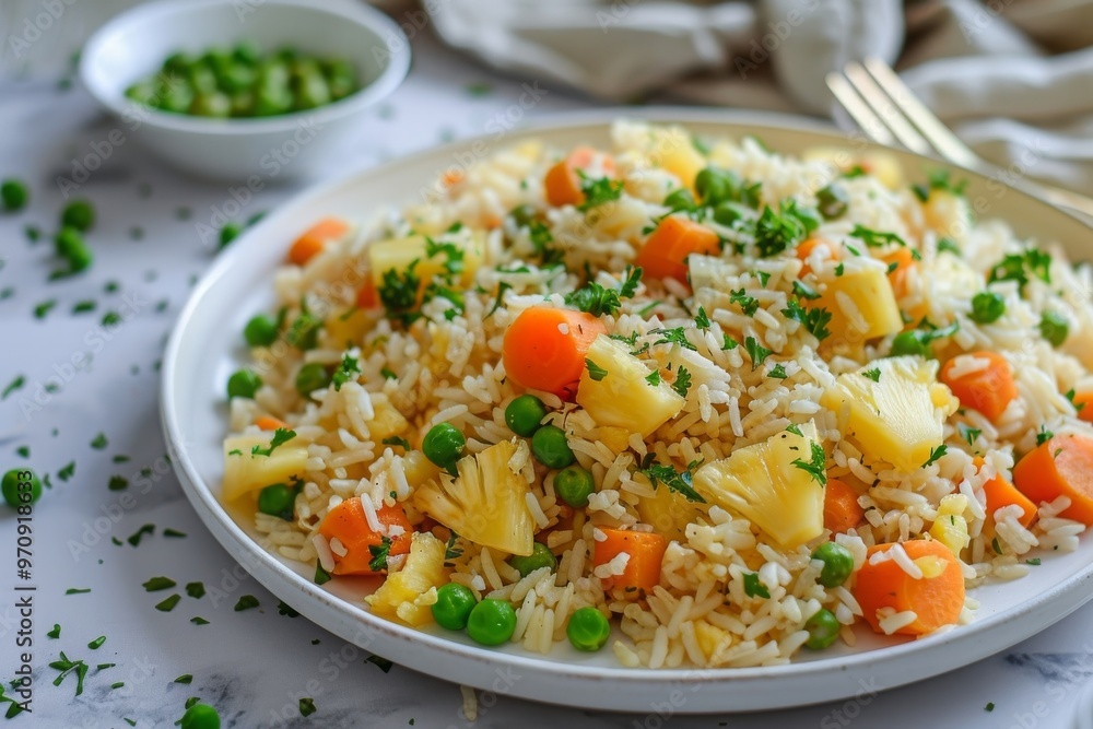 Vegan fried rice with pineapple, carrots and peas, balanced vegan meal Vegan fried rice with pineapple, carrots and peas, balanced vegan meal