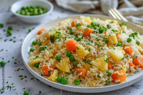  Vegan fried rice with pineapple, carrots and peas, balanced vegan meal