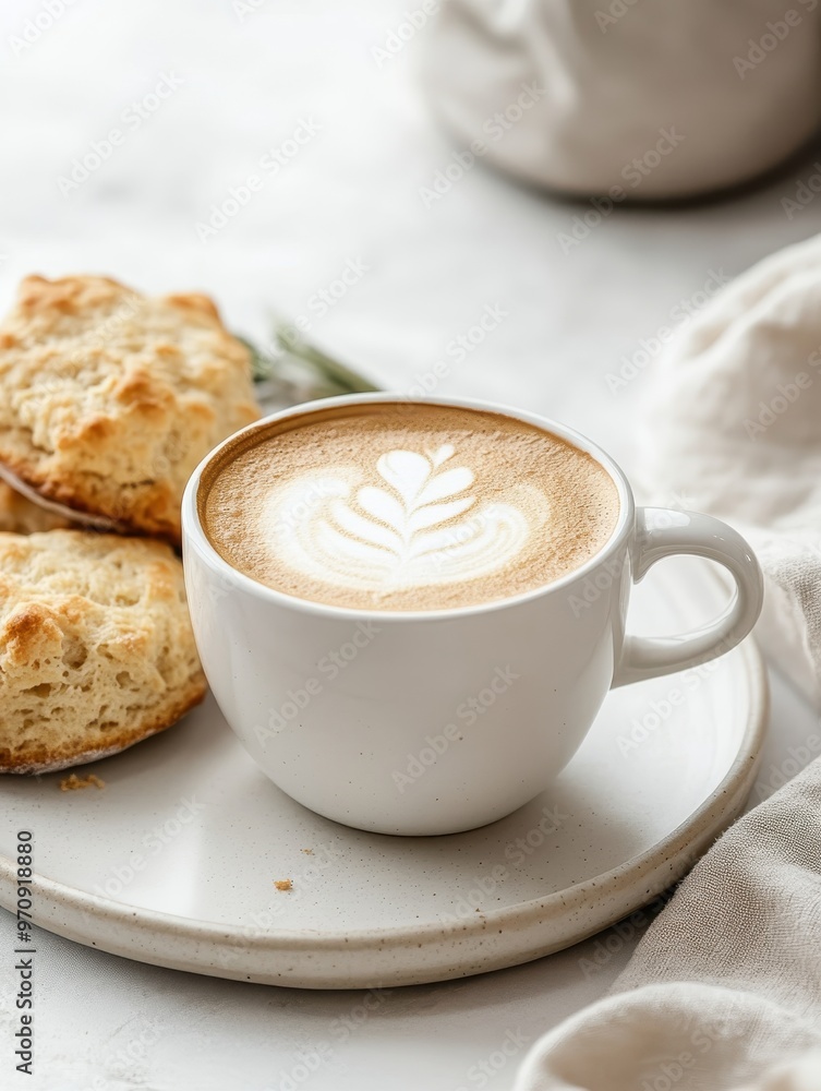 A cozy scene featuring a latte with art and biscuits on a plate, perfect for relaxation. A cozy scene featuring a latte with art and biscuits on a plate, perfect for relaxation.