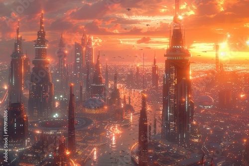 Ciudad con edificios rascacielos. Ciudad futurista iluminada al amanecer. 