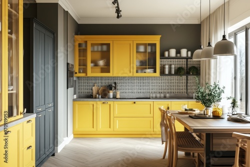 Cocina moderna con muebles de color amarillo y gris. Cocina grande y luminosa. Espacio bien pensado. Arquitectura y diseño.