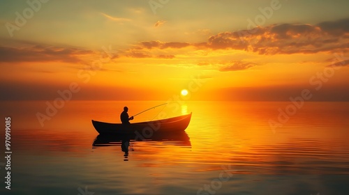 Solitary Fisherman in a Rowboat at Sunset