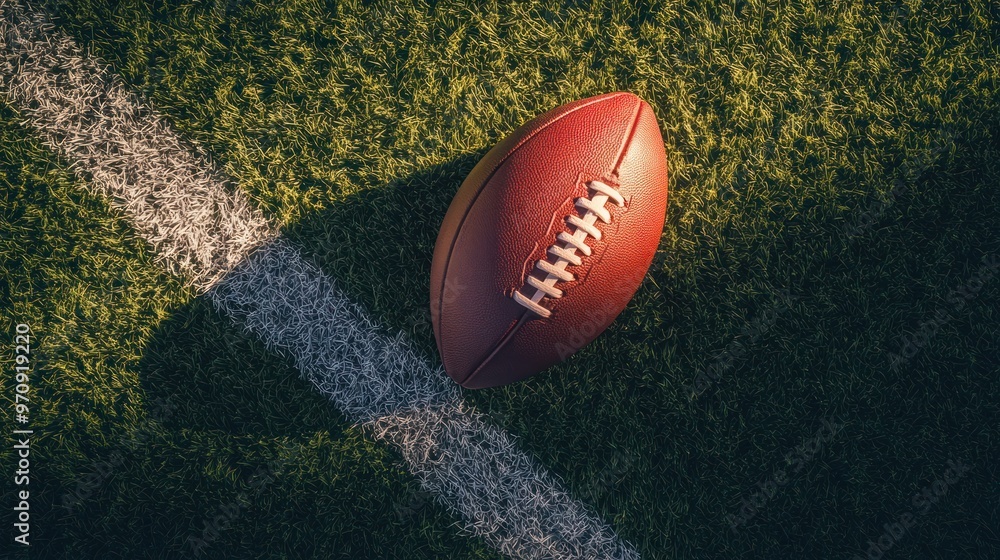 Obraz premium A close-up of a football resting on a grassy field, highlighting sports equipment.