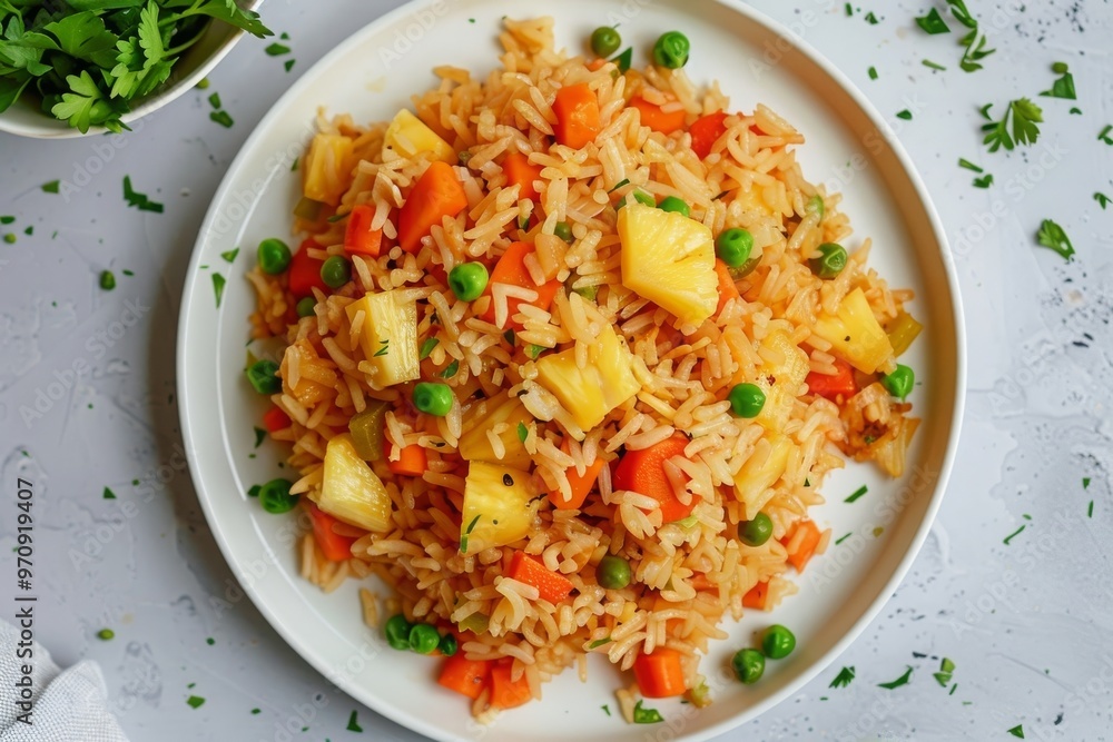 Vegan fried rice with pineapple, carrots and peas, balanced vegan meal Vegan fried rice with pineapple, carrots and peas, balanced vegan meal