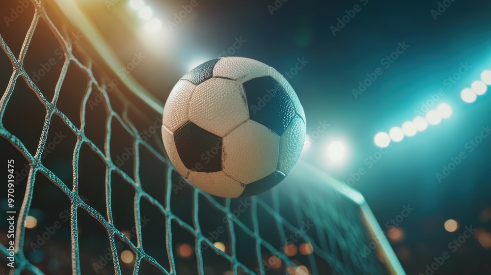 Obraz premium A soccer ball is flying towards the goal net in a stadium during a match.