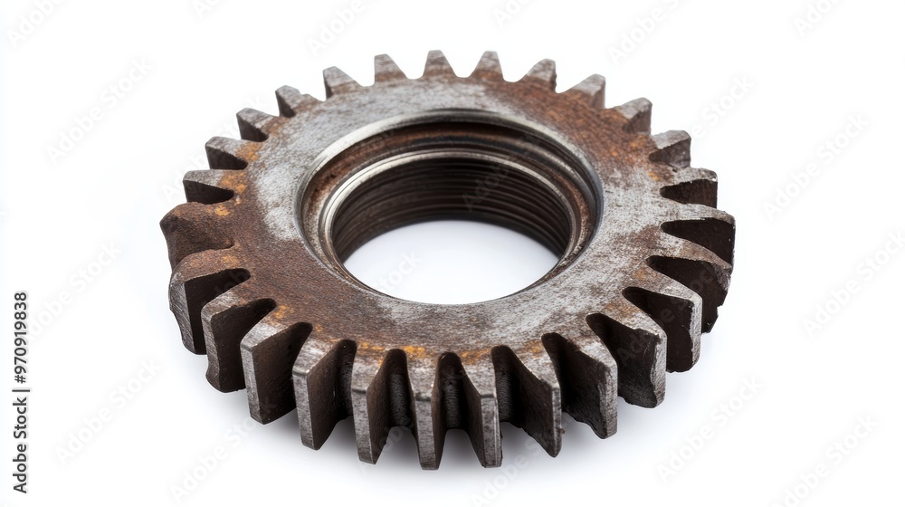 Old metal gear wheel or pinion part : Motorcycle Gear driven gear reduction ratio isolated on white background. Old metal gear wheel or pinion part : Motorcycle Gear driven gear reduction ratio isolated on white background.
