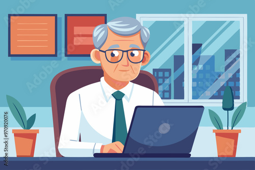 Busy middle aged business man executive wearing shirt and glasses sitting at desk using laptop. Mature serious professional businessman manager working looking at computer technology in office.