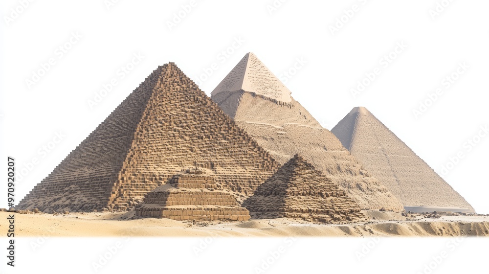 The Giza pyramid complex: also called the Giza Necropolis: isolated on white background. Greater Cairo: Egypt. The Giza pyramid complex: also called the Giza Necropolis: isolated on white background. Greater Cairo: Egypt.
