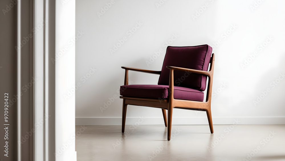 Obraz premium Vintage wooden armchair with maroon cushions in minimalist room