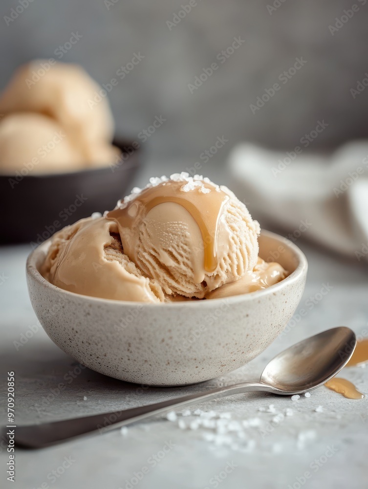 A creamy bowl of caramel ice cream drizzled with sauce, inviting and delicious. A creamy bowl of caramel ice cream drizzled with sauce, inviting and delicious.