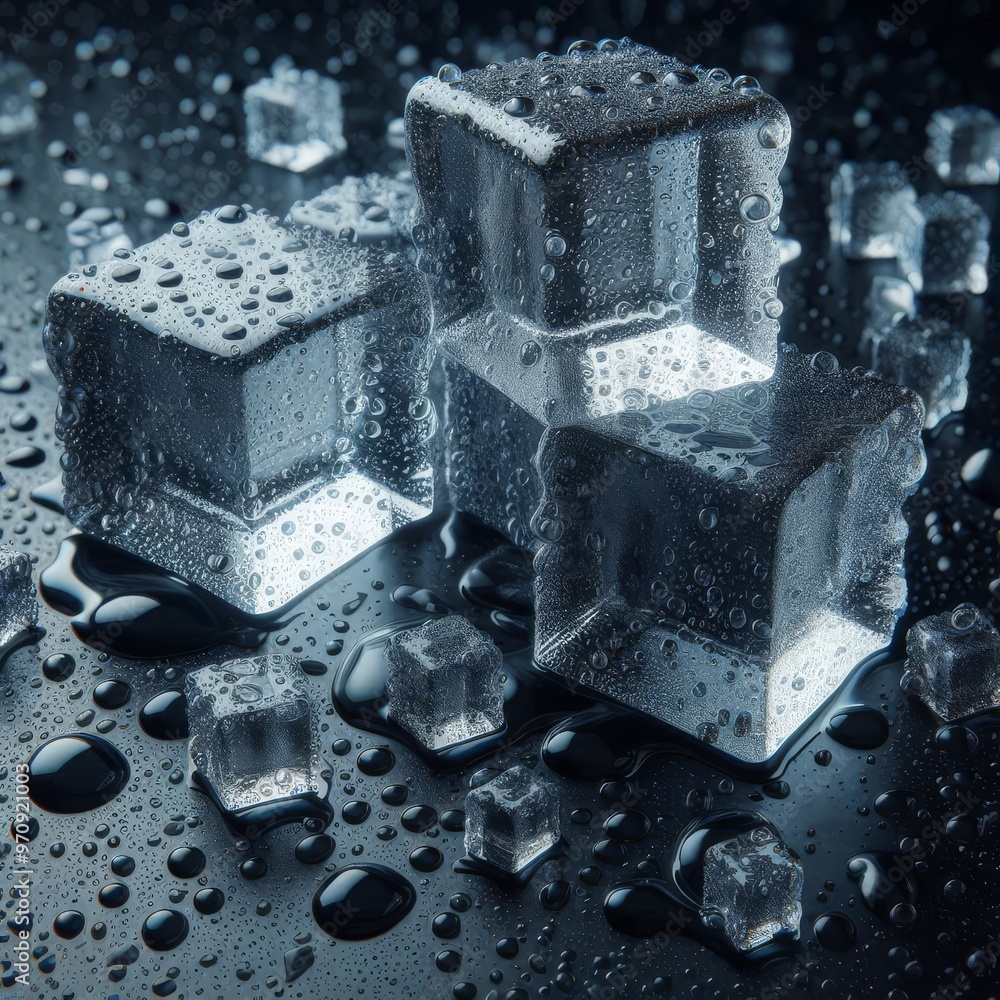 Scattered ice cubes on a dark glossy background in droplets of water. 3d Illustration
Scattered ice cubes on a dark glossy background in droplets of water. 3d Illustration