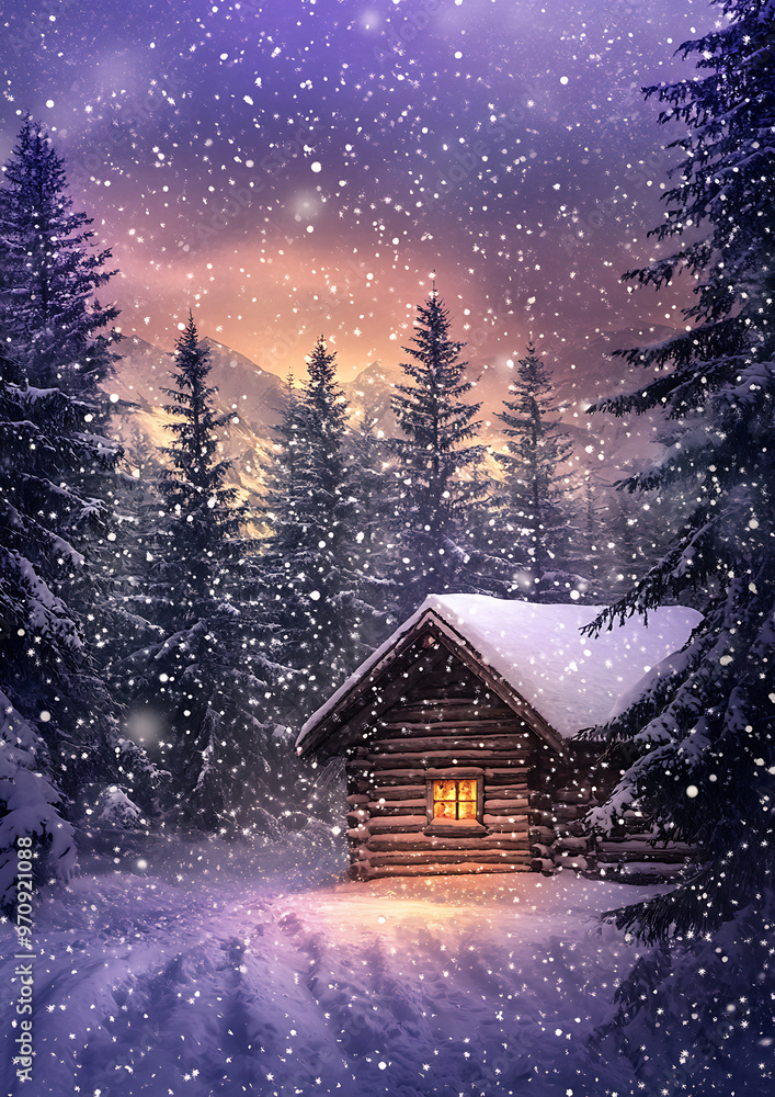 Enchanting winter scene featuring a cozy log cabin in the snow, perfect for holiday greeting cards, invitations, or festive banners with a magical, digital art style. Enchanting winter scene featuring a cozy log cabin in the snow, perfect for holiday greeting cards, invitations, or festive banners with a magical, digital art style.