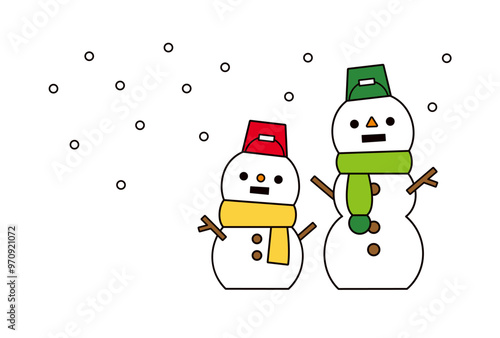 かわいい2つの雪だるまの線画イラスト、雪が降る背景と大小の雪だるまのクリップアート