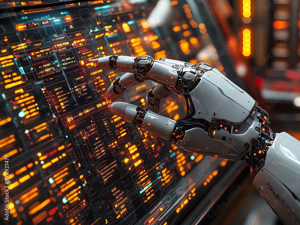 A robotic hand executing a trade through a digital console in a futuristic financial market, automation, AI trading execution A robotic hand executing a trade through a digital console in a futuristic financial market, automation, AI trading execution
