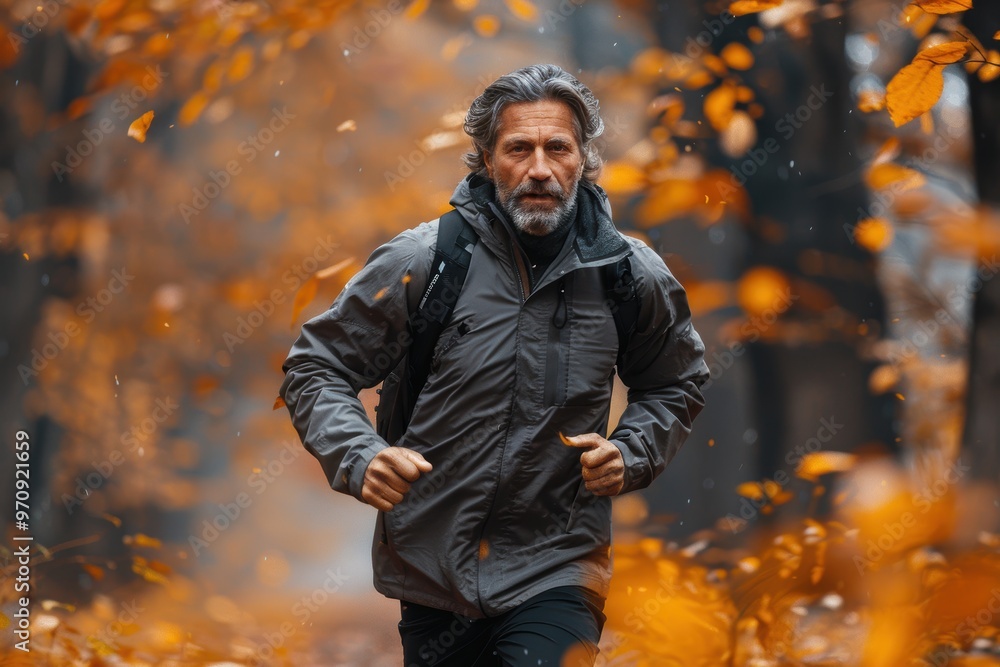 Hombre con pelo gris corriendo por el parque de arboles con hojas naranjas, otoño. Recurso gráfico, fondo Hombre con pelo gris corriendo por el parque de arboles con hojas naranjas, otoño. Recurso gráfico, fondo